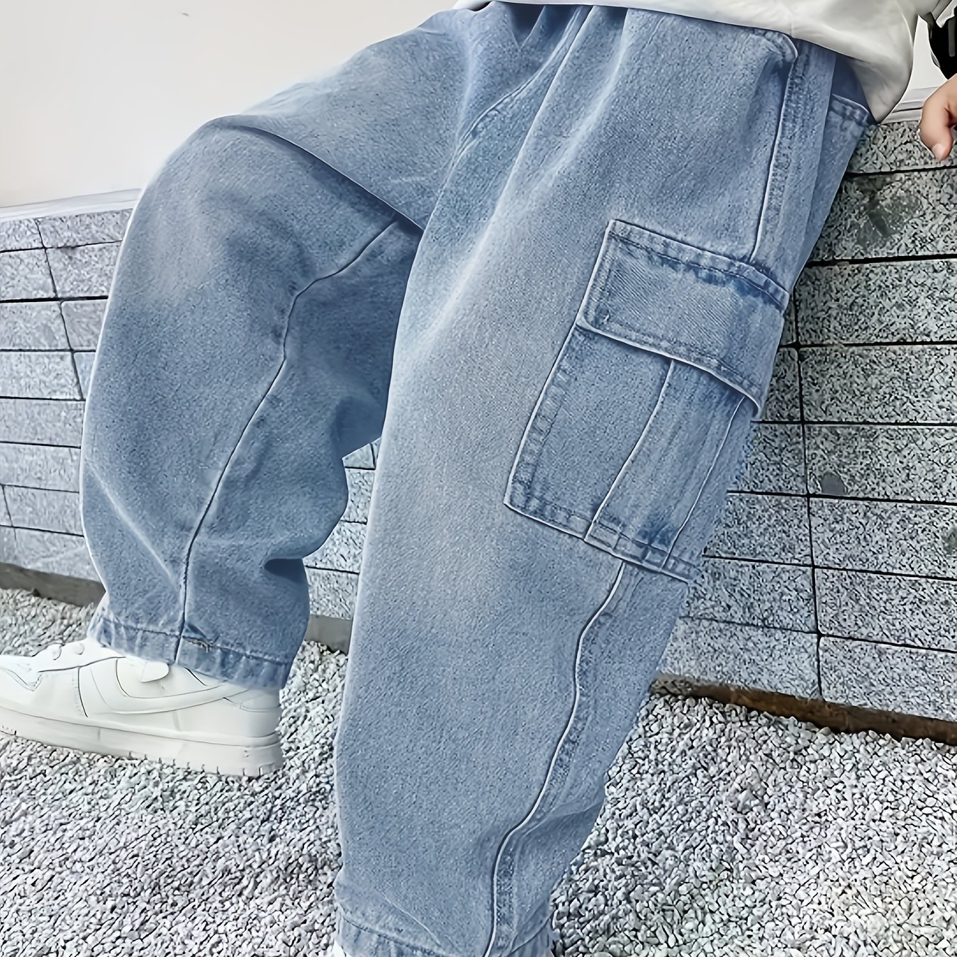Image of Boys' Denim Wide-leg Pants, Trendy Big Pocket Washed Jeans, For Teenager, For Teenager