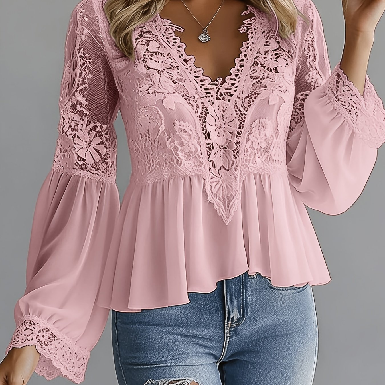 TEMU Camisa elegante y de larga para mujeres y americanas, a y , con ribete de encaje y cuello en V, adecuada para uso diario y versátil