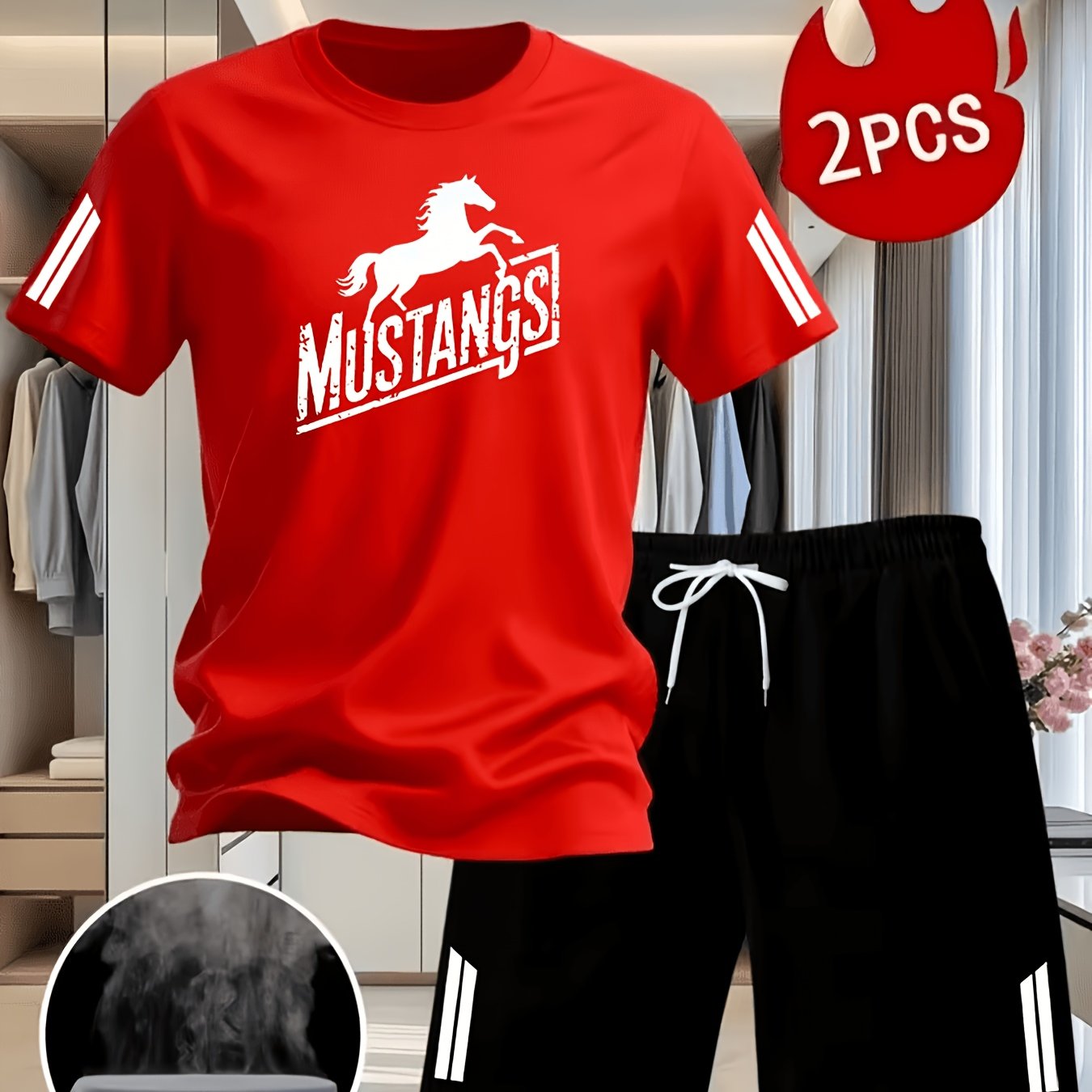 TEMU Men's Summer 2pcs Sportswear Set - Mustangs Wild Horse Print Short Sleeve T-shirt   Drawstring Shorts, Breathable Running And Casual 2pcs Set