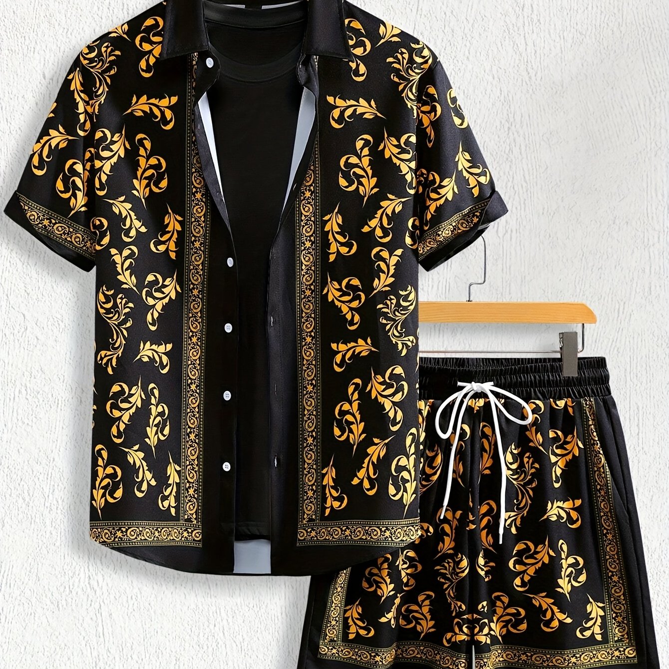 TEMU Set Due Pezzi da con Camicia a Maniche Corte a Stampa Casual + Pantaloncini Sportivi con Coulisse per in Spiaggia