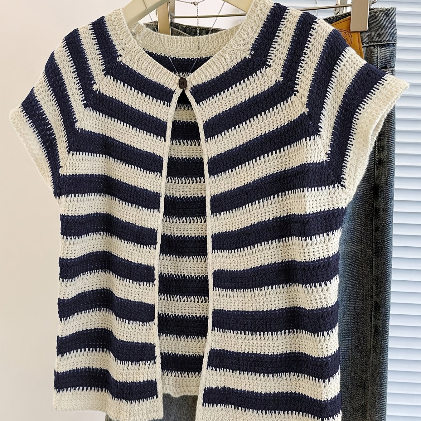 E-shop Damen Cardigan-Strickjacke mit Rundhalsausschnitt, Farbblock-Streifen, kurzen Ärmeln, Raglanärmeln, Freizeit-Top für Frühling Sommer