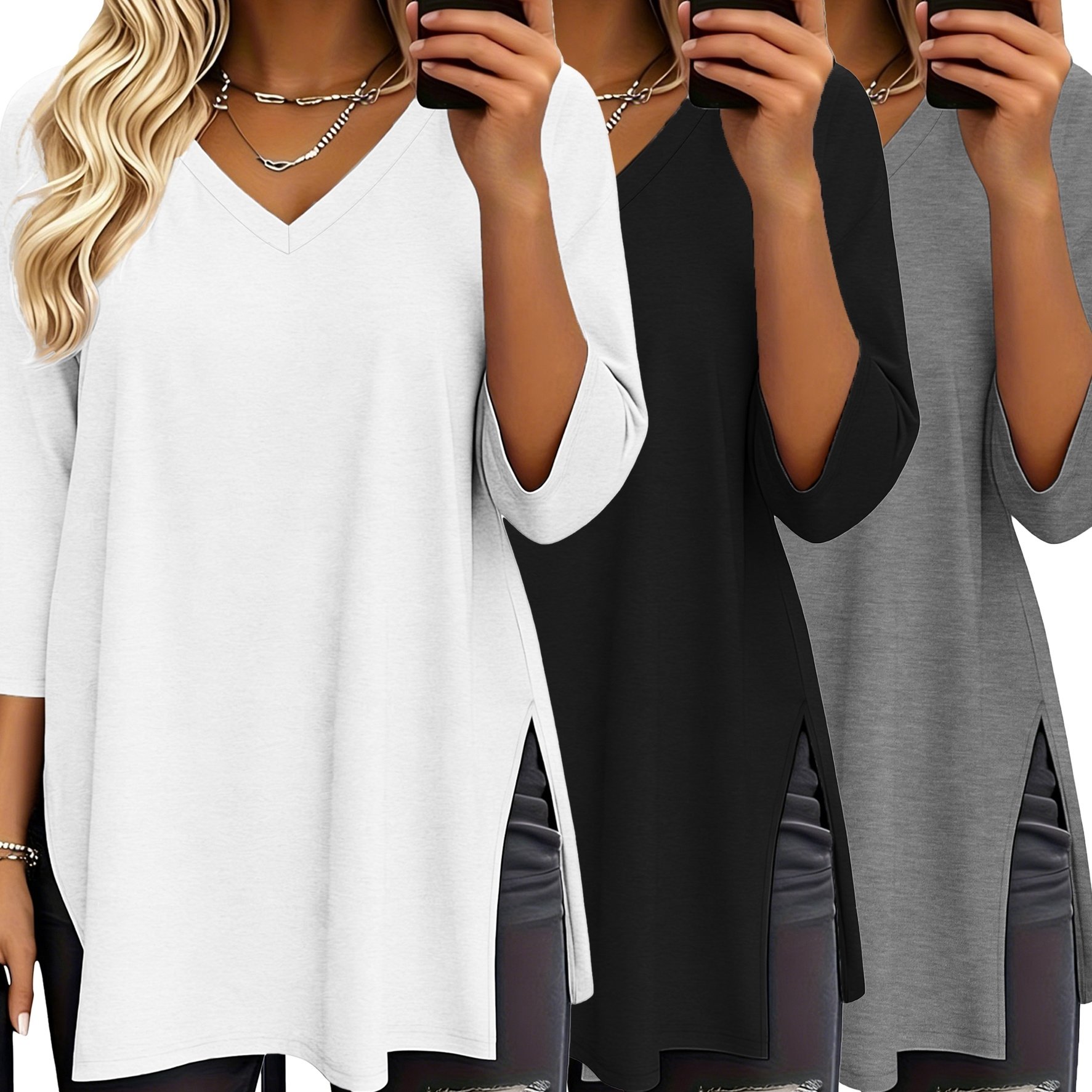 E-shop 3-teiliges Set, modische neue Damen-Frühjahr/Sommer-Kollektion, locker geschnittenes T-Shirt mit Seitenschlitz, einfarbiges lässiges Kurzarm-Top