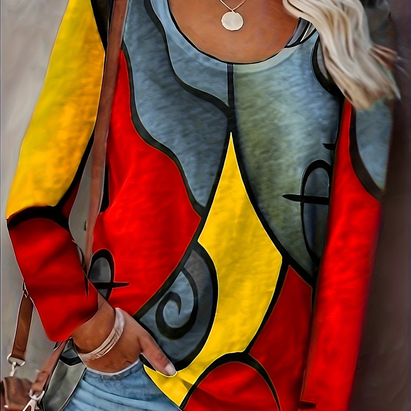 Image of 2023 Spring/autumn New Style Random Print Crew Neck Long Sleeve Loose Layer T-shirt, Machine Washable - Suitable For Spring/autumn Daily Wear And Home Use