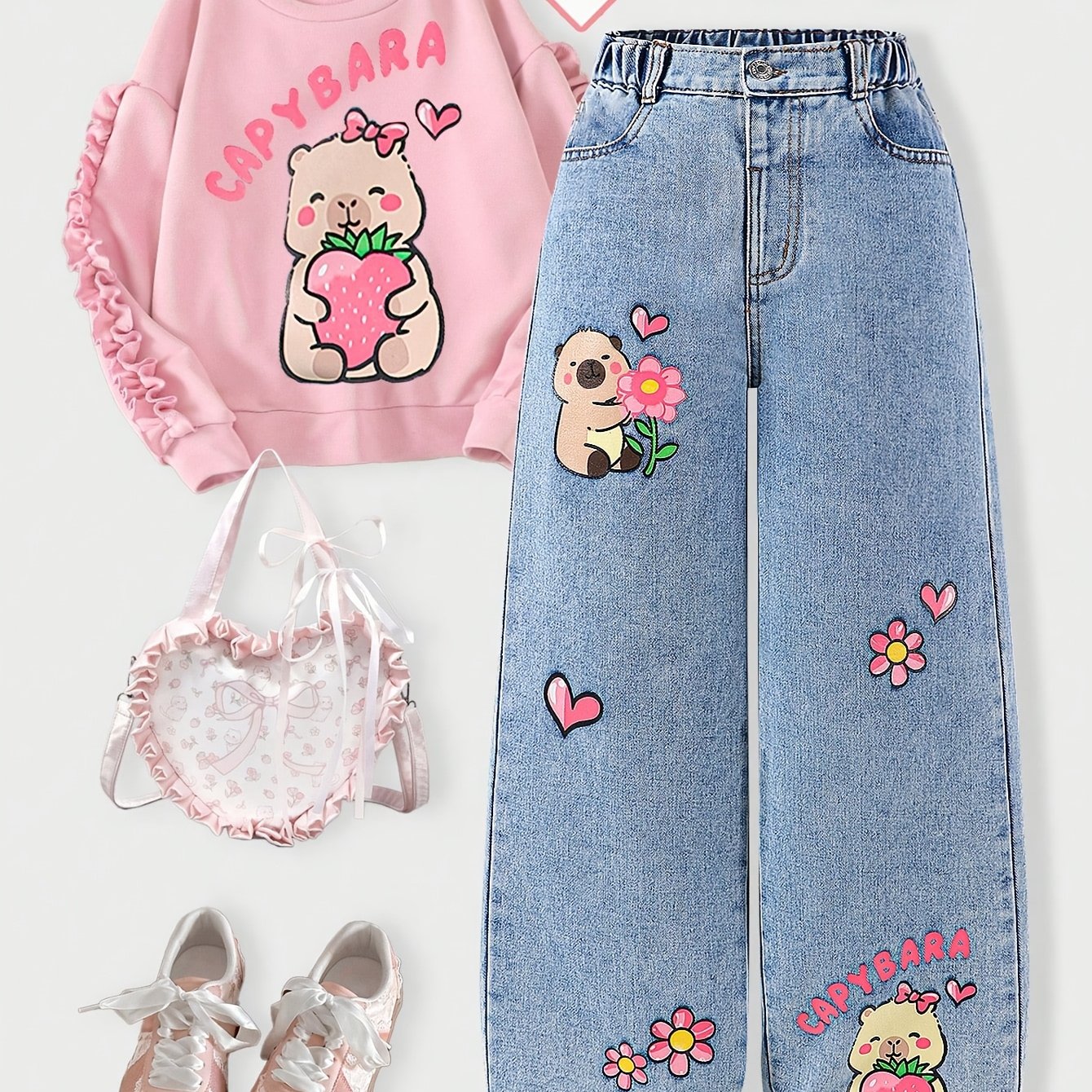 Image of Girls' Cartoon Print Wide-leg Straight Jeans In A Cute And , Perfect For Daily Wear, School, , Back-to-, And Vacations, Autumn Essentials