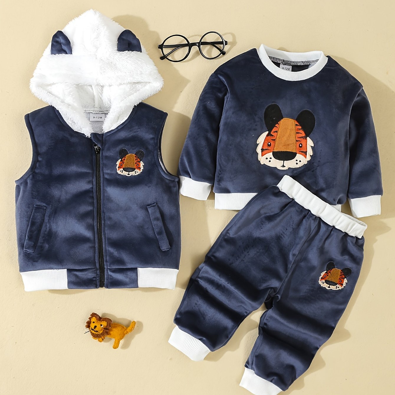 Image of Winter Boys' Cute Tiger Embroidery Set: -lined Hooded Vest + Round-neck Sweater + Casual Pants, Perfect For Outdoor