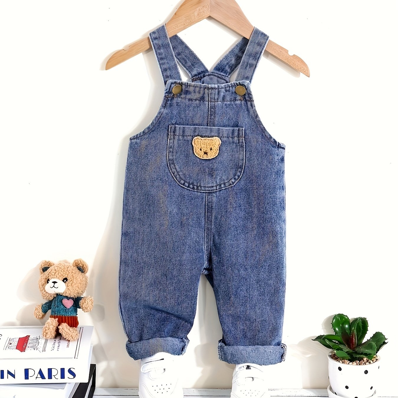 Blue Denim Overalls For Boys Featuring A Cute Bear Patch, Perfect For Autumn/winter And Great For Outdoor Activities