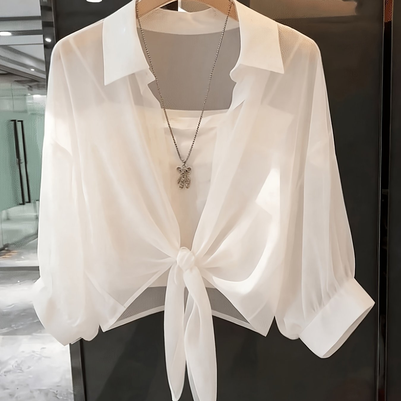 Image of Women's Casual Solid Color Tie-front Shirt, Fashionable Elegant Top