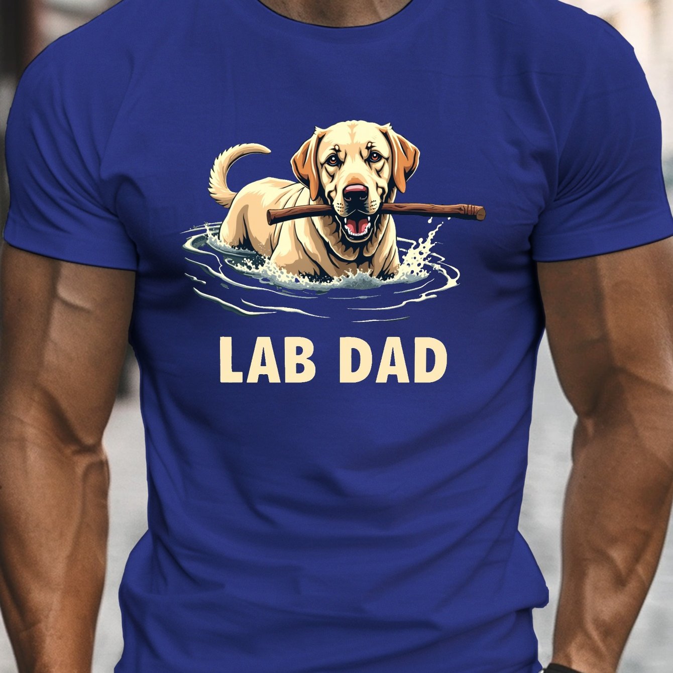 TEMU Men's Labrador Swimming With Stick Graphic Tee - "lab Dad" Design, Casual Crew Neck Short Sleeve, Lightweight Polyester Summer Shirt