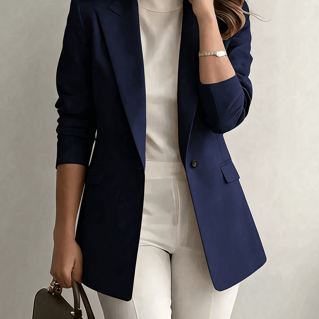 TEMU Fashion Women's Casual Blazer, Solid Color Simple Vintage Style, Single-breasted, Suitable For Daily Commuting And Leisure