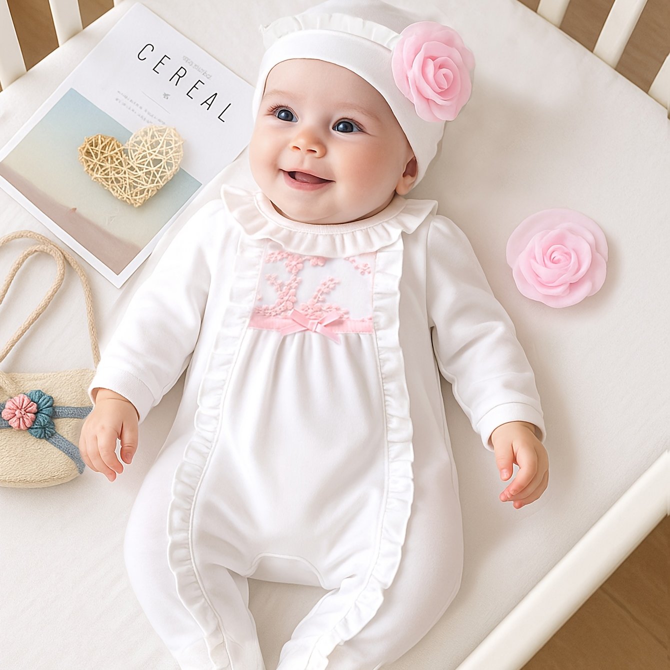 Image of 2pcs Set Baby Girl Infant 3d Flower And Bow Decoration Bodysuit Long Sleeve Romper With Hat, For Outdoor