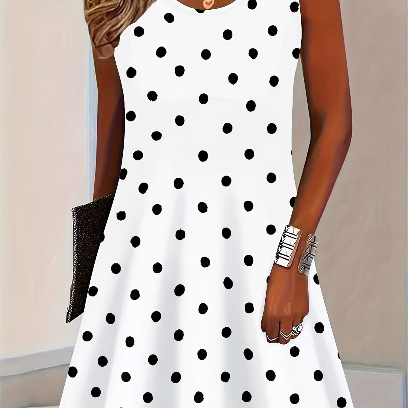 TEMU Printed Design - Textured Polka Dot Sleeveless Dress For Women, Summer Casual Party Skirt, White With , Flared Mini Skirt, Reversible Style For