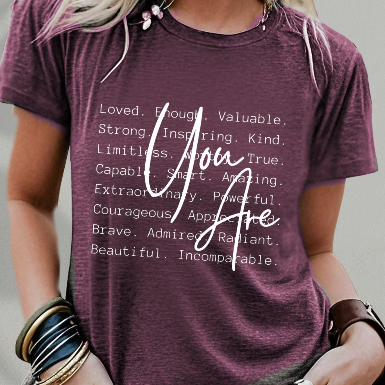 TEMU Women's Short Sleeve T-shirt With " & Valued" Quote - Round Neck Casual Blouse Top, Suitable For Daily Wear, -boosting Motivational Clothing,