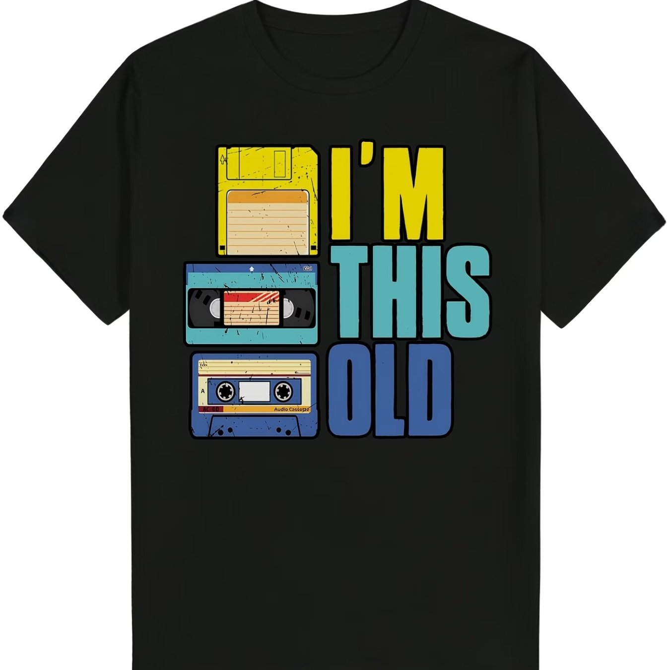 TEMU Retro 'i'm This Old' Floppy Disk Cassette Pattern T-shirt, Men's And Women's, Casual Short Sleeve T-shirt