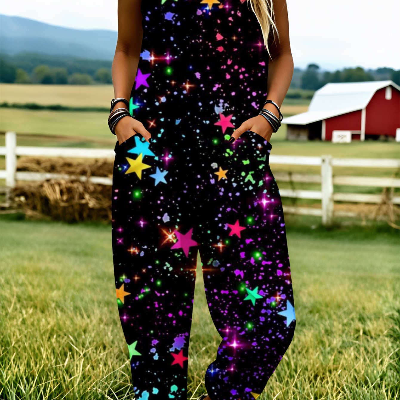 Image of Plus Size, Plus Size Women's Overalls 0xl-5xl Colorful Stars Galaxy Print Pattern Comfortable And Breathable Suitable For Spring, Summer And Autumn Summer Clothing Adjustable Shoulder Straps Clothing