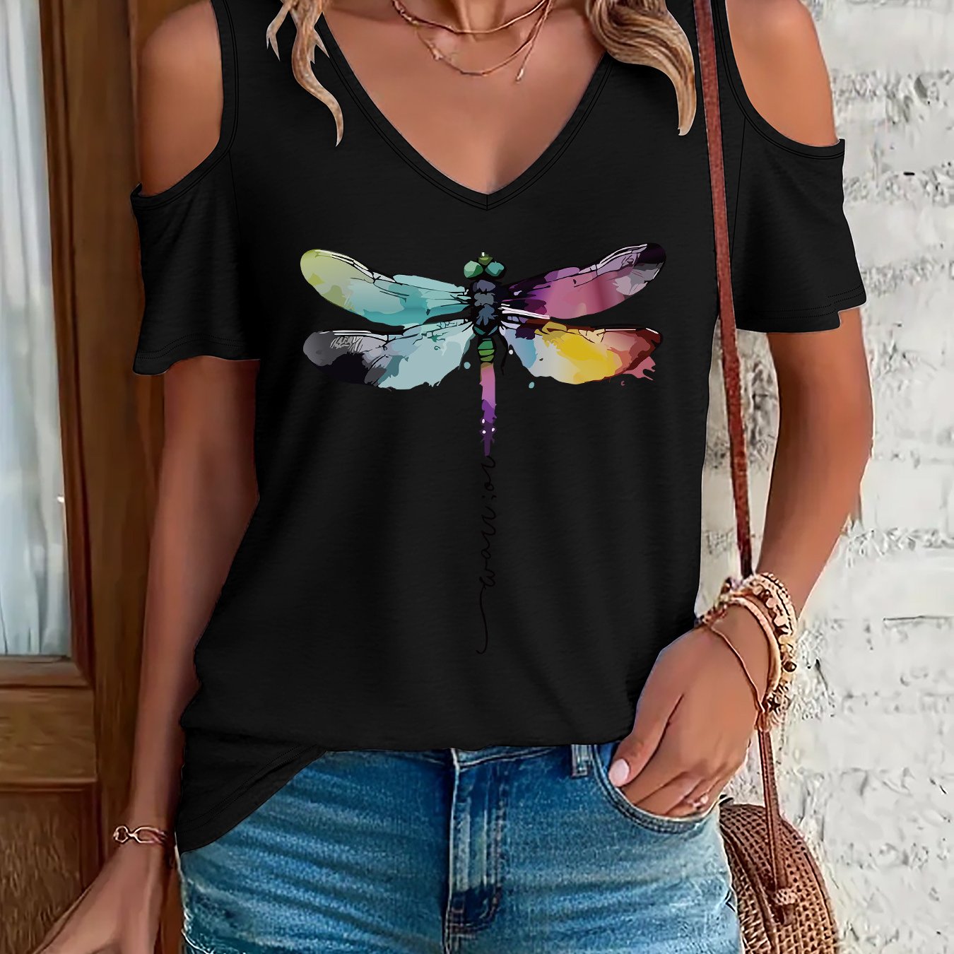 TEMU Graphic Print T-shirt, Short Sleeve V Neck Casual Top For Summer & Spring, Women's Clothing
