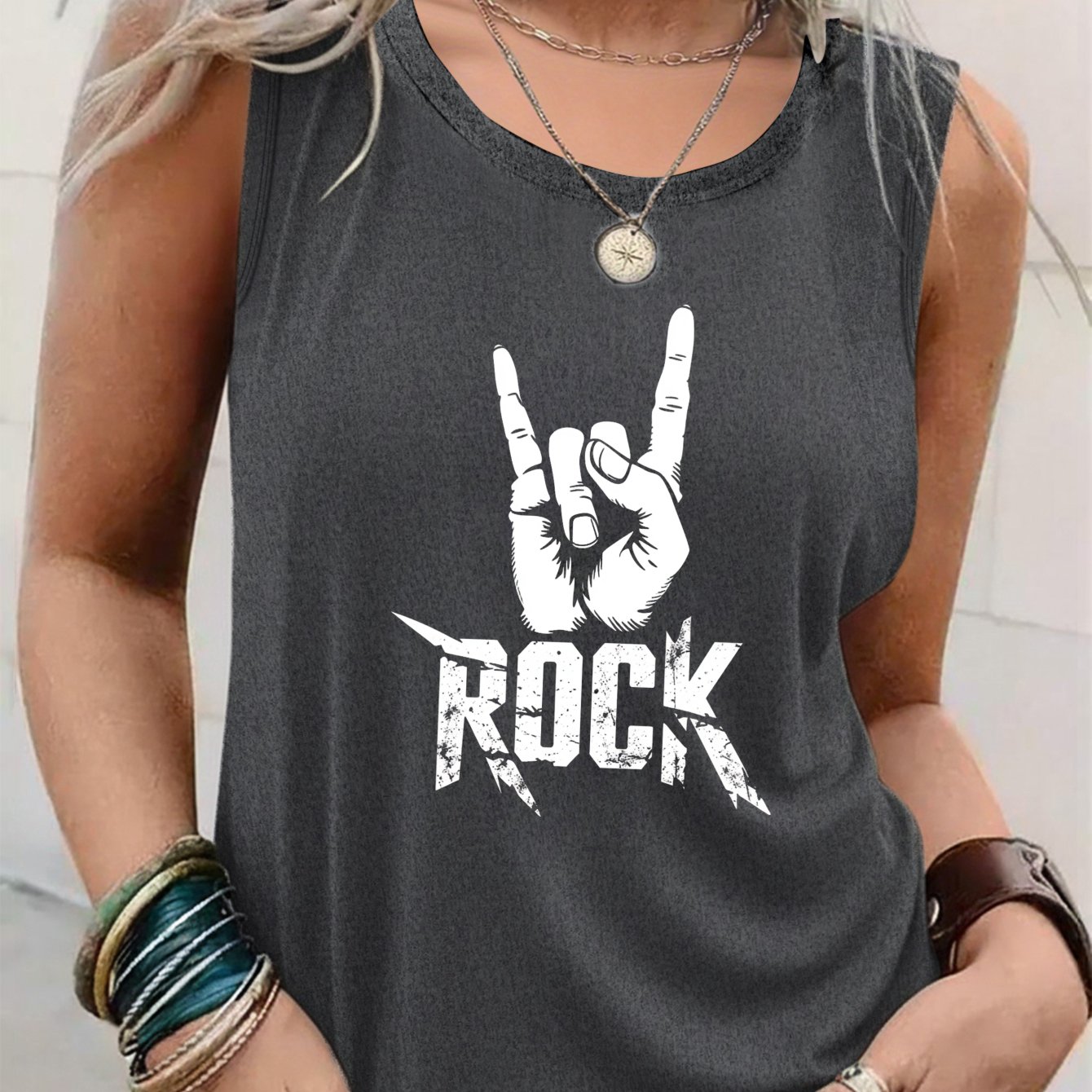 TEMU Casual Rock Style Women's T-shirt With Hand Sign And Rock Text Summer Outfit For Music Lovers And Gift For