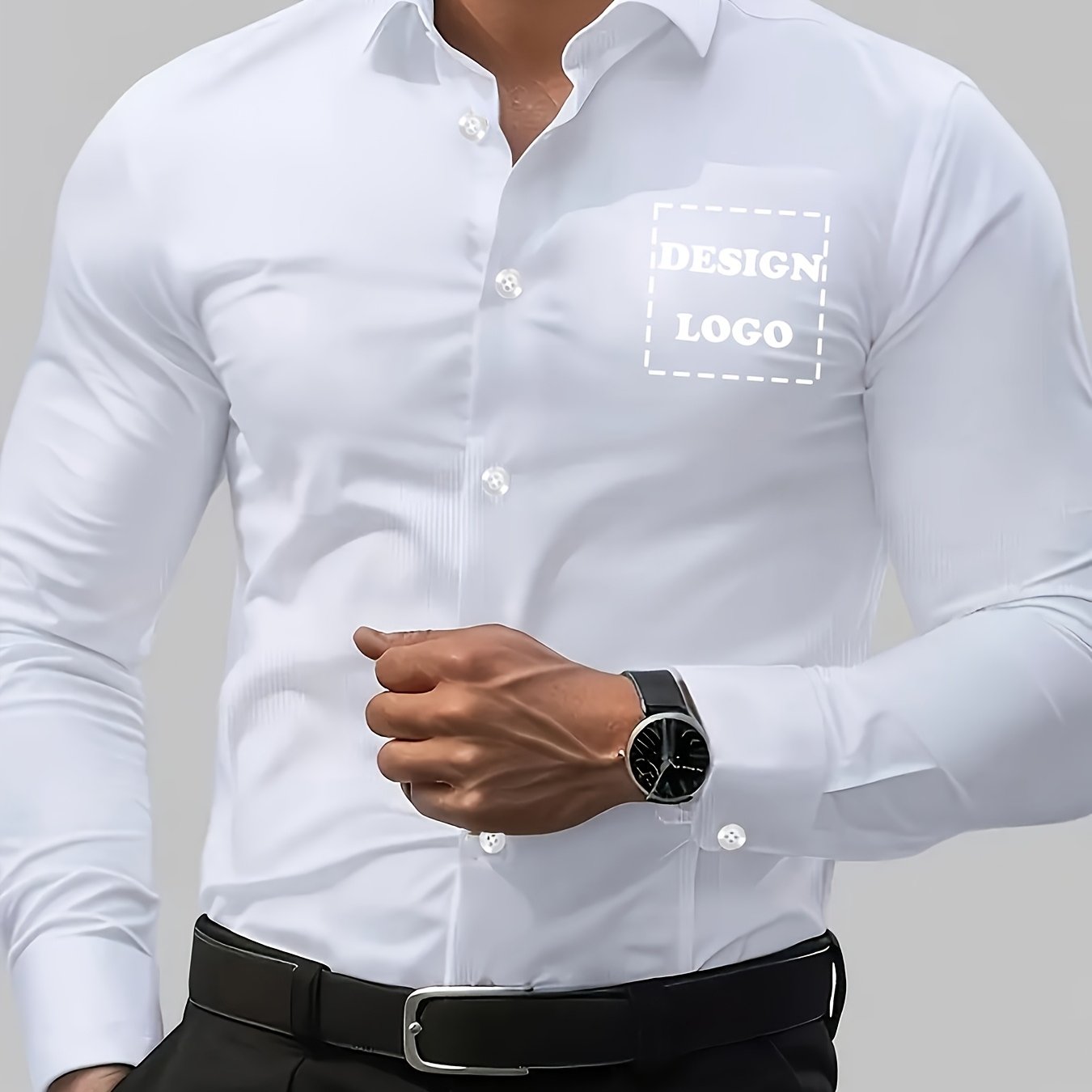 TEMU Men's Customizable Logo White Shirt With Light Luxury Golden Buttons, Wrinkle-free Stretch Slim Fit Business Formal Long Sleeve Shirt, Men's