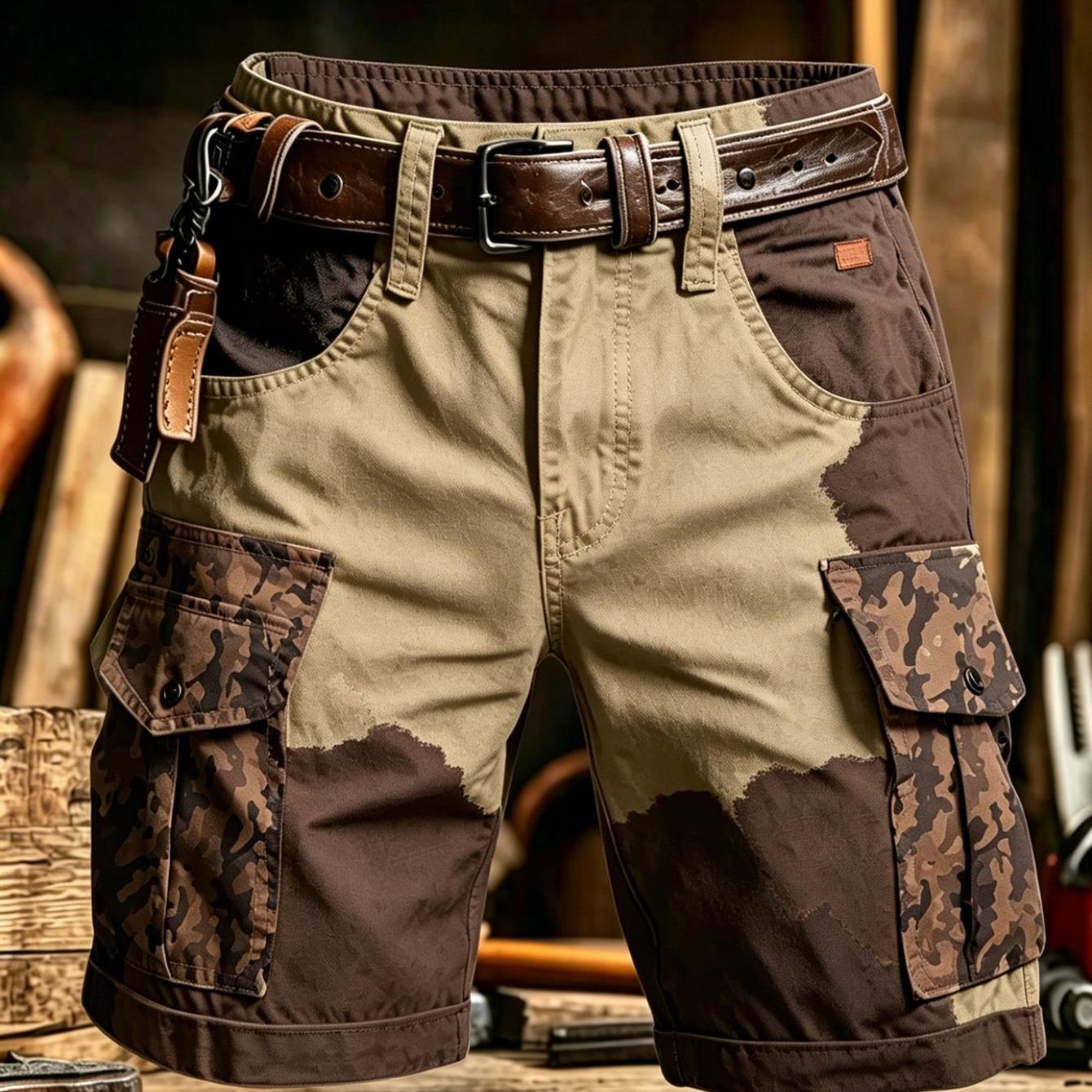 TEMU Men's Camouflage Printed Retro Utility Shorts, Camouflage Pattern Multi-pocket Outdoor Shorts, Suitable For Casual Wear, Belt-free