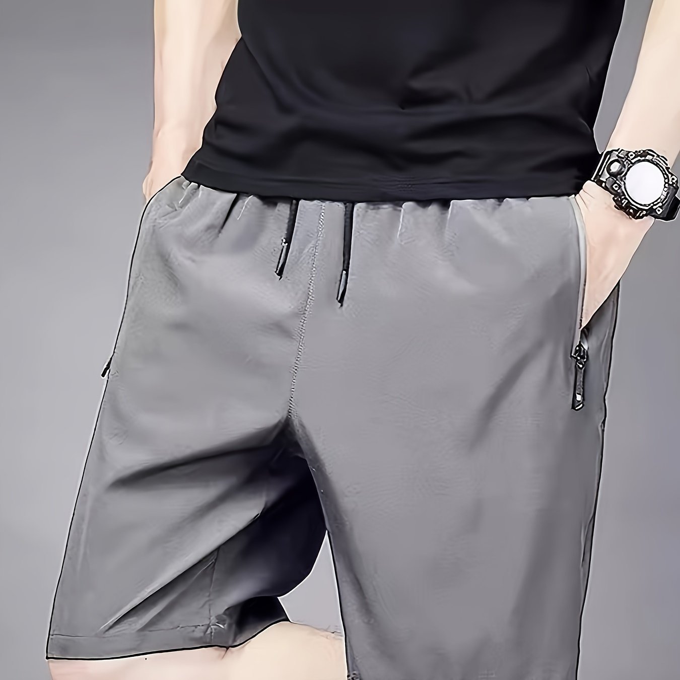 TEMU Men's Solid Color Shorts With Drawstring, Casual Elastic Zipper Shorts For Summer Daily Leisurewear