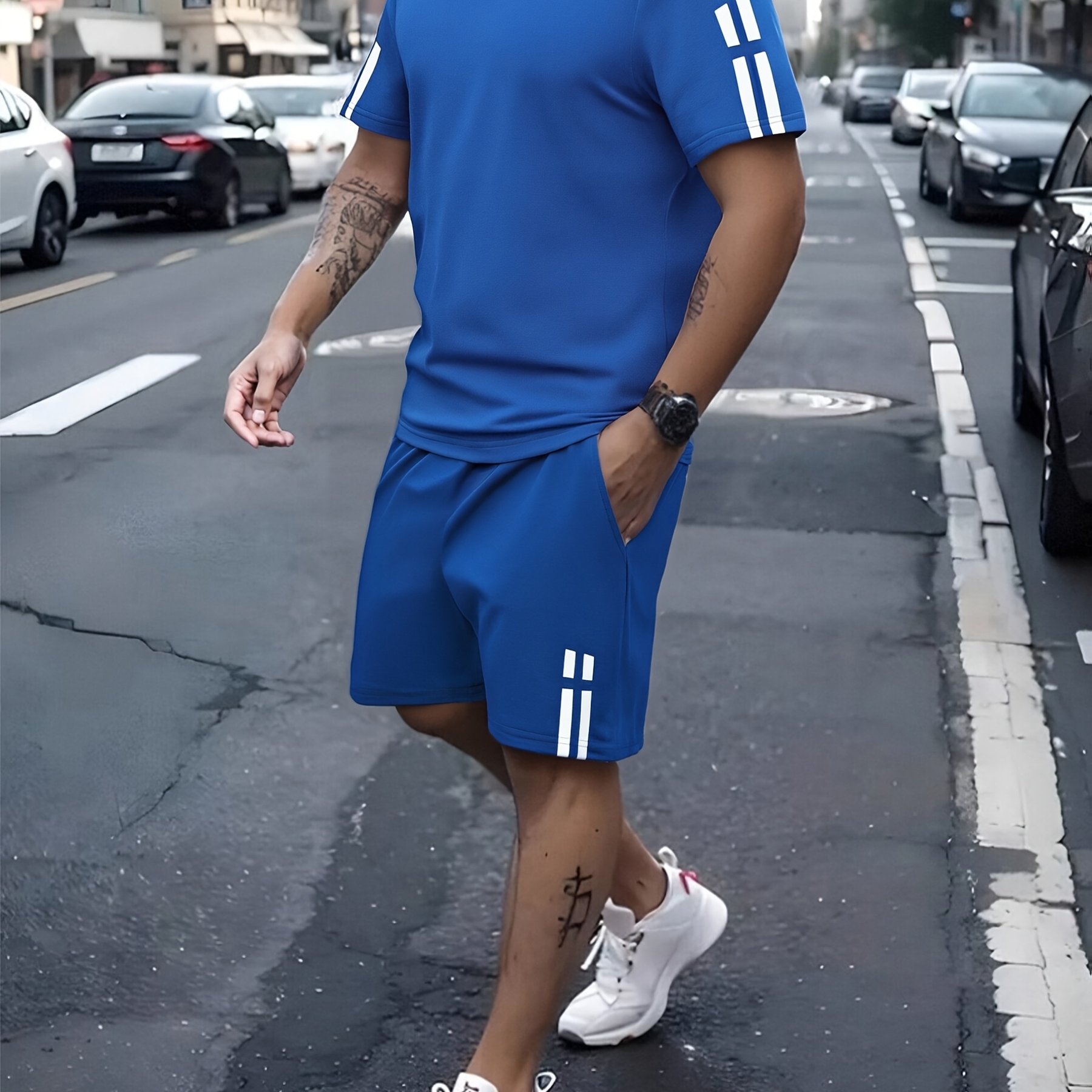 TEMU [print Design - Not Textured] 2pcs Men's Stylish Striped Print Summer Outfit, Short Sleeve Crew Neck T-shirt And Pocketed Athletic Drawstring