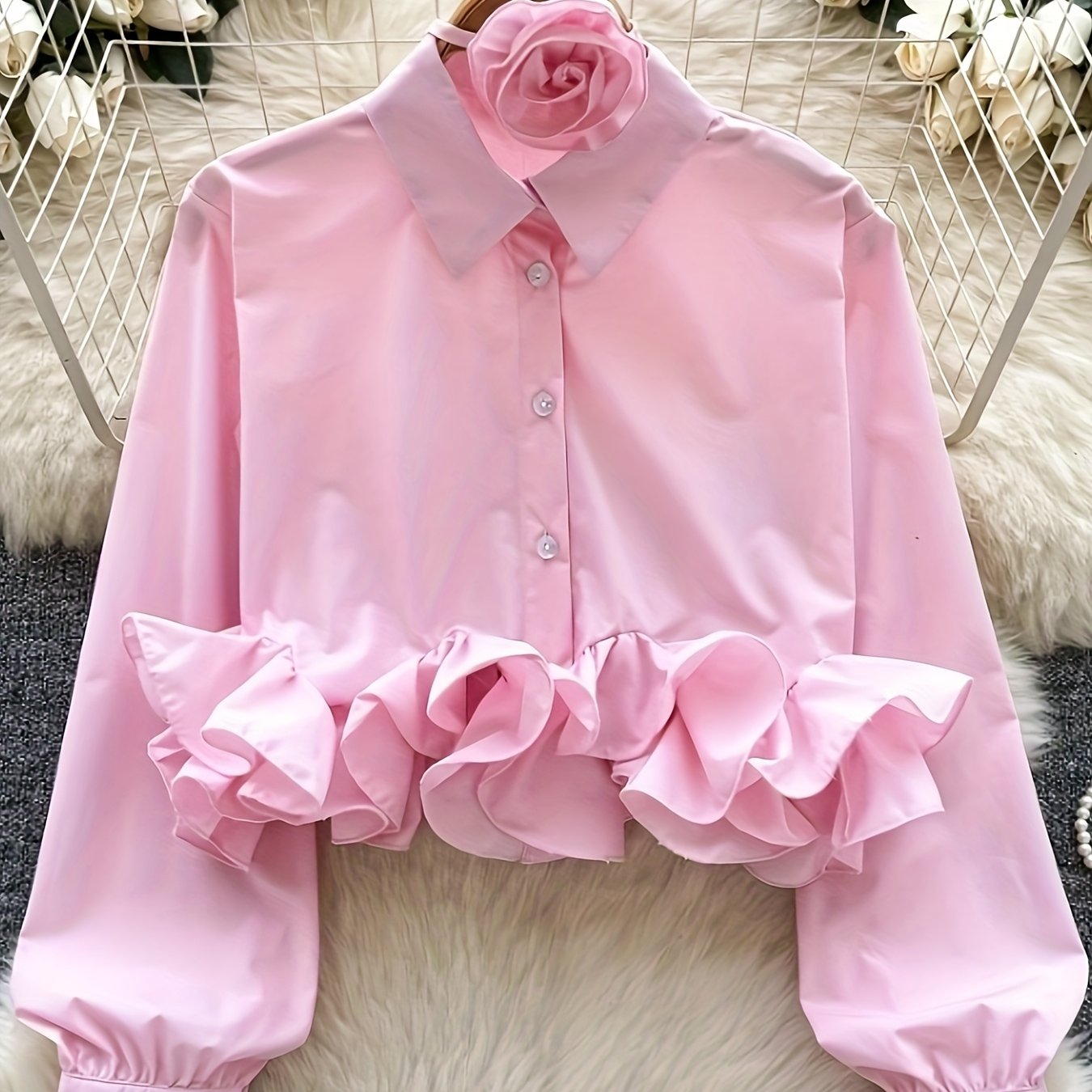 TEMU Short-sleeve Long-length Shirt With Lapel And Three-dimensional Lace Floral Ribbon Top 7130