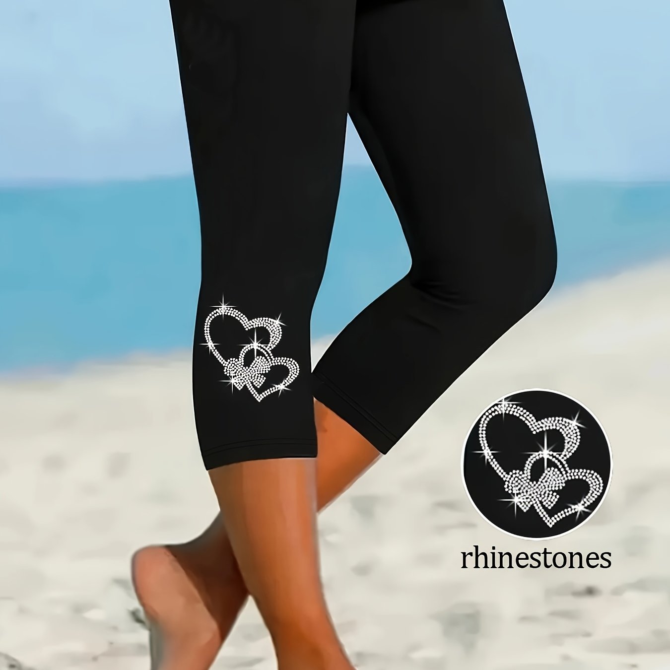 E-shop Damen Capri Leggings, einfarbige Skinny Hosen mit Strass