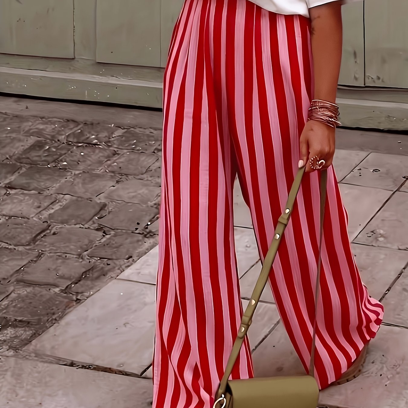 TEMU Women's Long Pants, Elegant Red Contrast Striped Vacation Loose All-match Casual Trousers, Suitable For Spring Summer Women's Wear, Matching