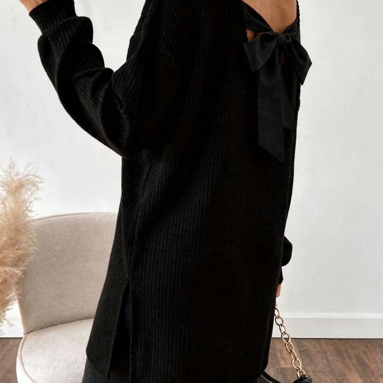 TEMU Pull élégant pour femme à col torsadé et nœud à l'arrière - Coupe droite régulière, ourlet fendu mi-long compatible avec une blouse, convient