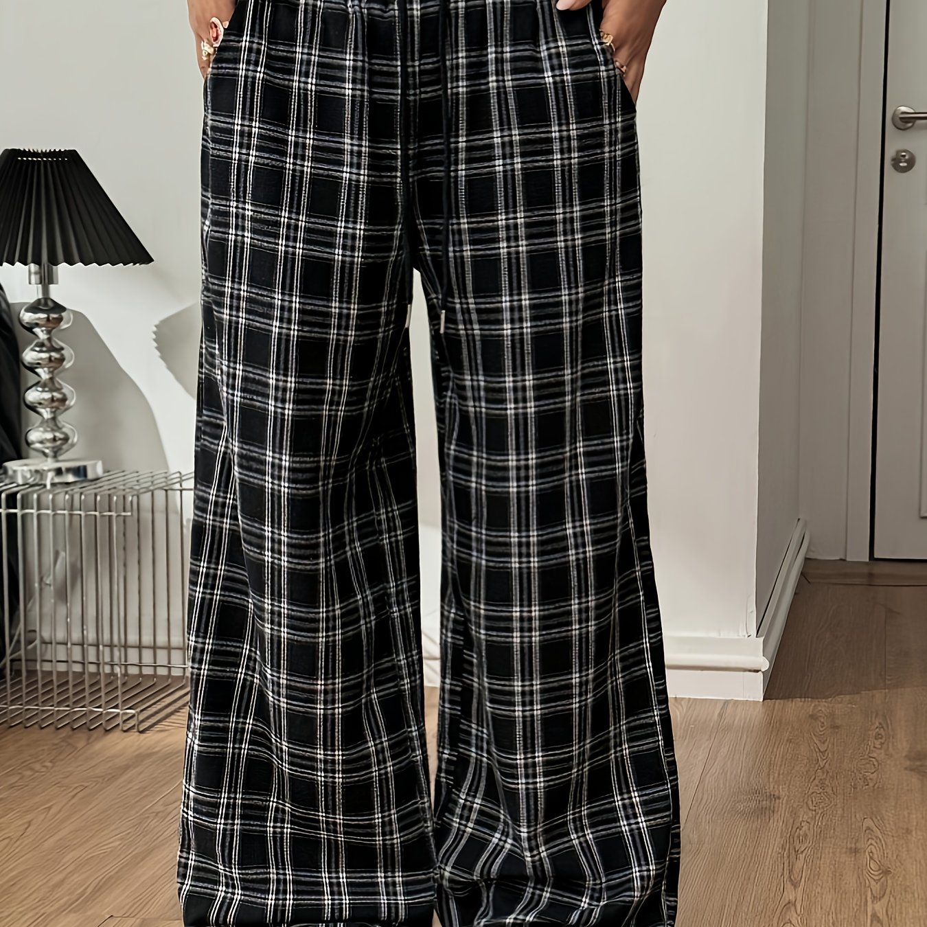 Image of Women's Wide-leg Trousers - Plaid Grid With / Colorblock, Loose-fit Casual Wide Pants Suitable For Spring Summer Fall, Machine Washable Comfortable Trousers For Casual Attire
