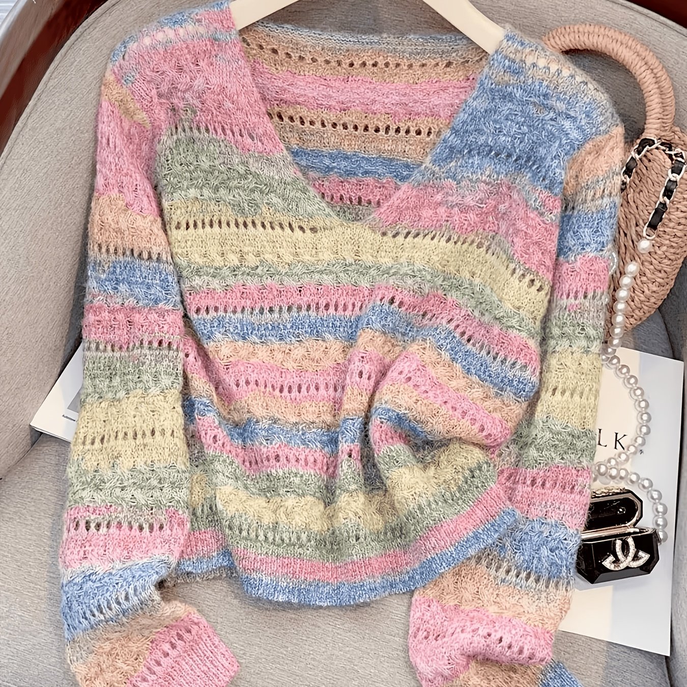 TEMU Spring And Summer Autumn Horse Hair Hollow Out Women's Sweater Gradient Fashion Slim