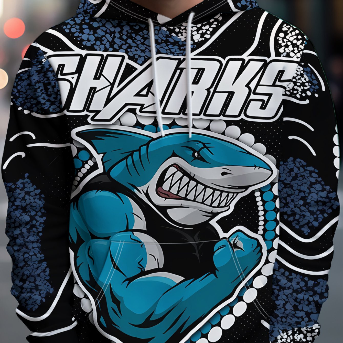 TEMU Men' Style Hooded Sweatshirt Featuring A Shark Cartoon Graphic With "sharks" Lettering, Set Against A Blue-black Tribal-inspired Background. The