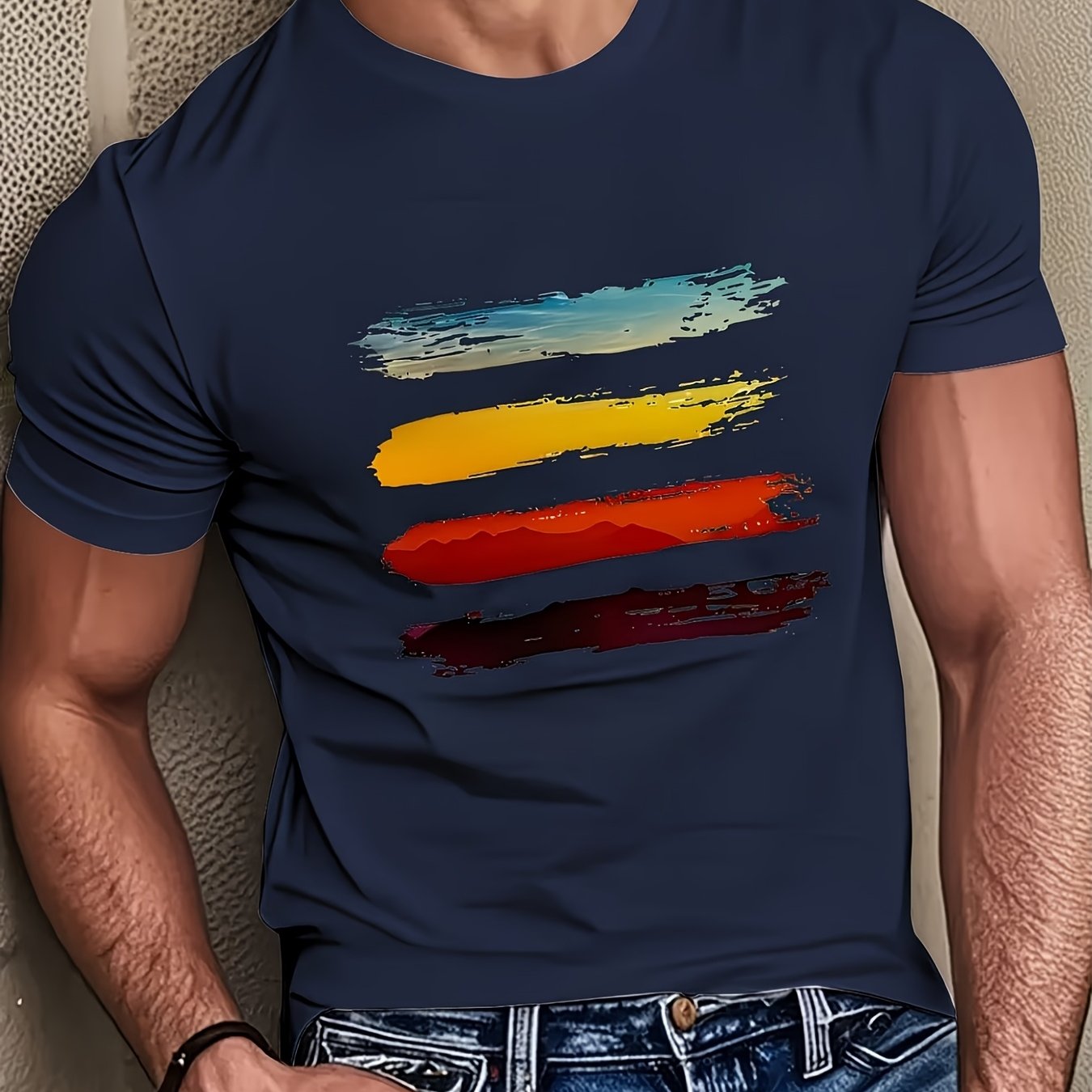 TEMU Men's Quick-dry Breathable T-shirt With Brush Stripe Pattern - Summer Short Sleeve Crew Neck Casual Shirt, Colorful Suitable For Streetwear &