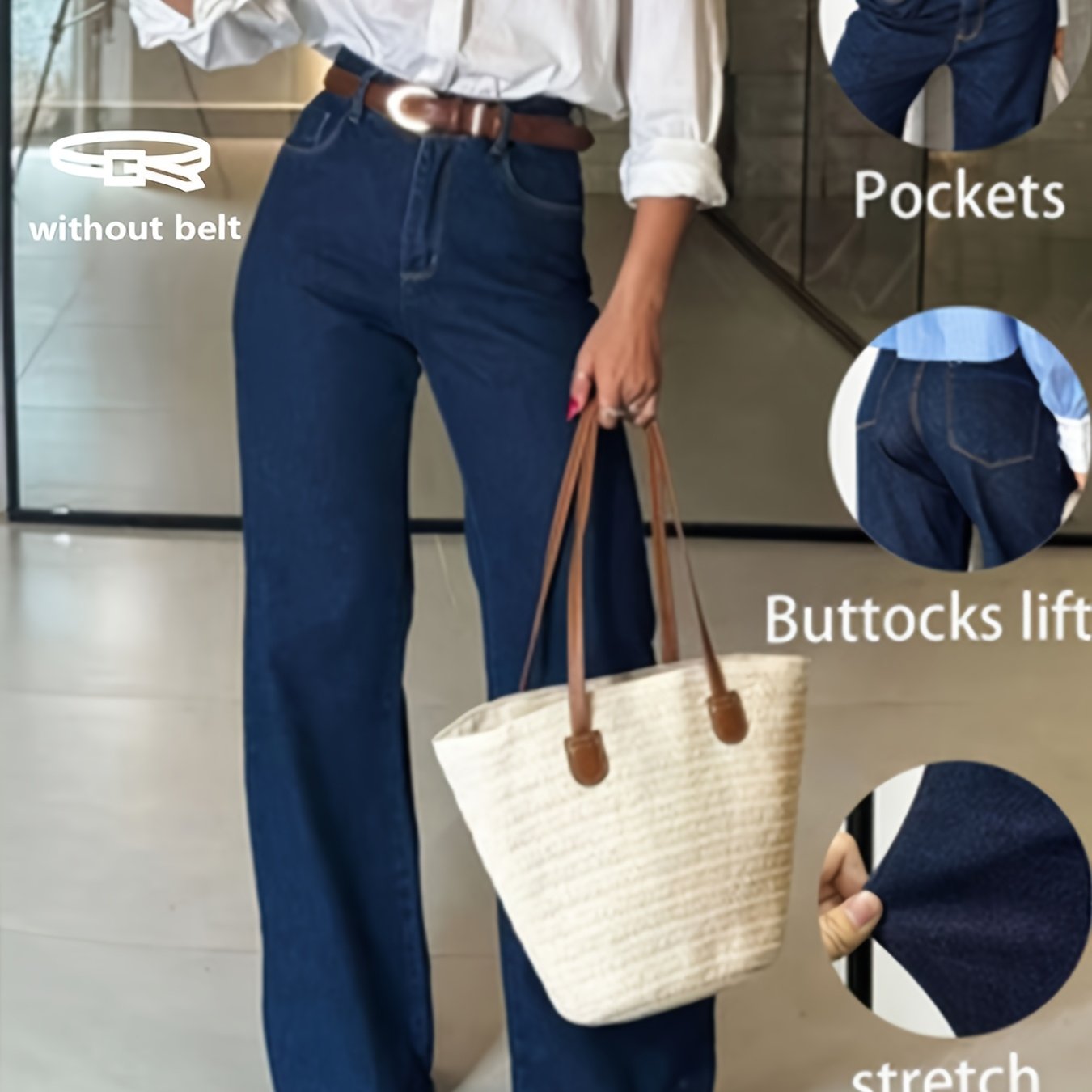 Image of Women's Straight-leg Washed Denim Trousers With Hem Cuffs, Multiple Pockets, Trendy And -garde, Suitable For Casual Wear