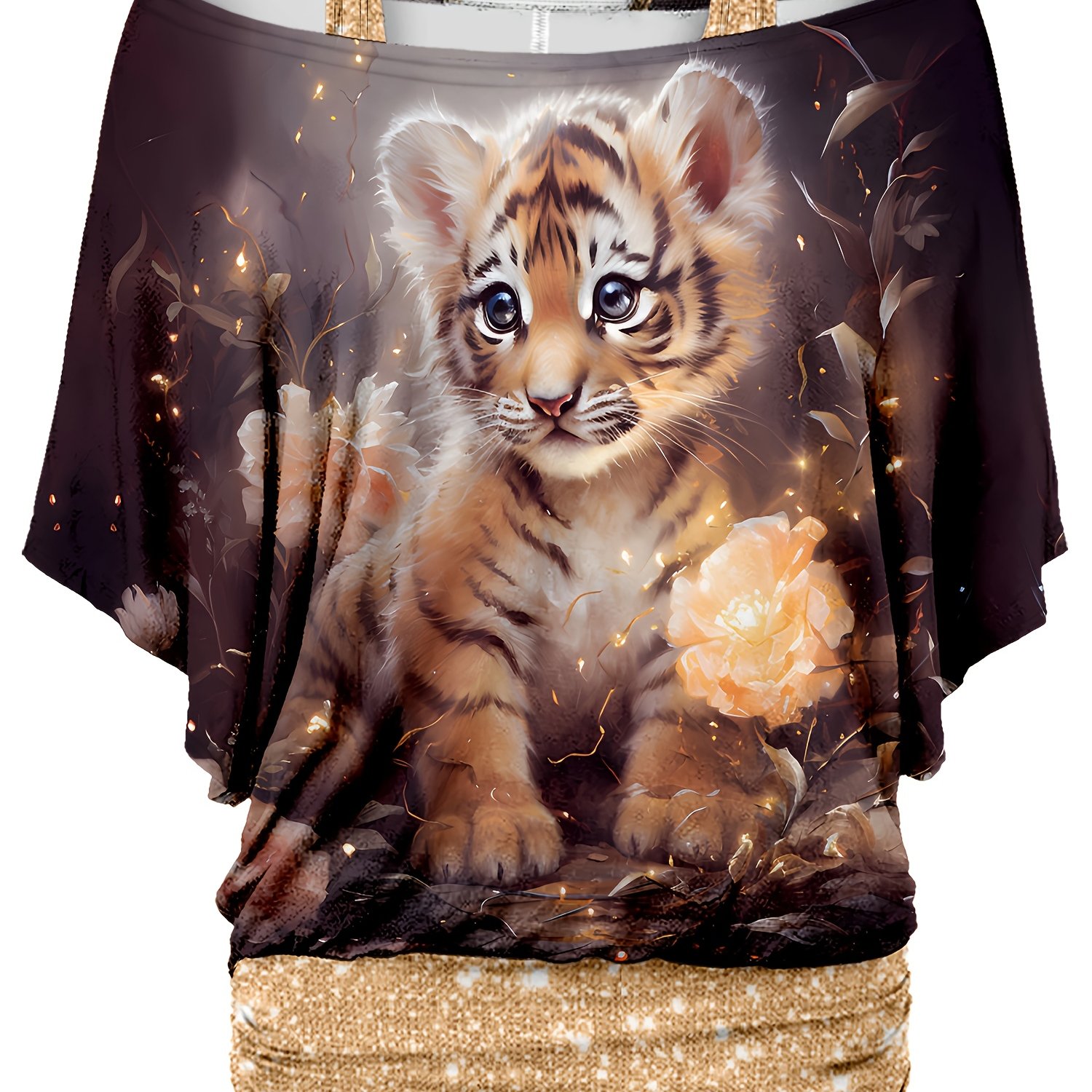 Image of Plus Size - Cute Tiger Art Design Printed Women's Loose T-shirt | Elegant Off The Shoulder Style, Stretch Fabric, Regular Fit, Batwing Sleeves, Short Sleeve, Summer Season