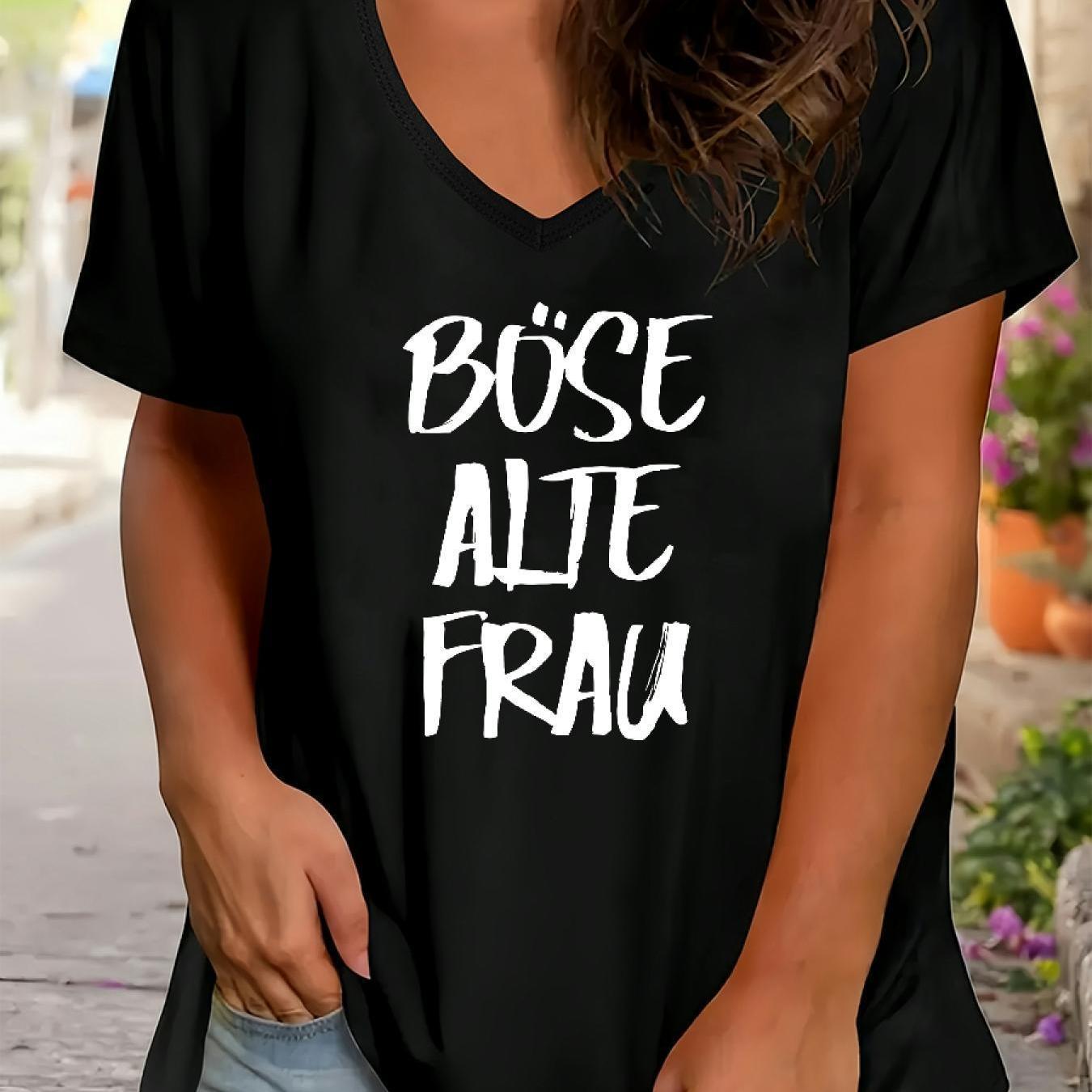 TEMU Damen Plus Print V-Ausschnitt Kurzarm Grafik-Shirt "Böse Alte Frau" Deutscher Text Kunst Komfortfit, Stretch, vielseitige Freizeitkleidung für