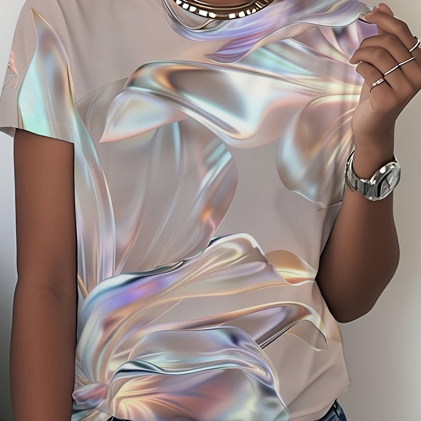 TEMU Plus Size - Women's Printed Casual T-shirt - Soft Fiber Round Neck Short Sleeve Top, Summer Essential, Machine Washable Breathable, Comfortable