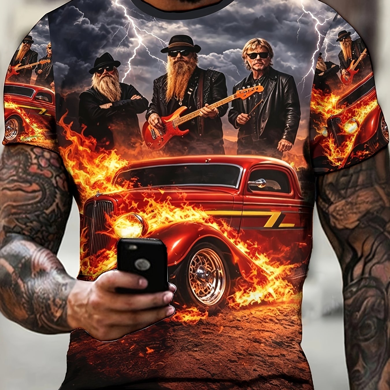 TEMU [printed Design - Not Textured] New Arrival,, Comfortable Men's Printed Graphic T-shirt With Flame Vintage Car Band , Comfortable Short Sleeve