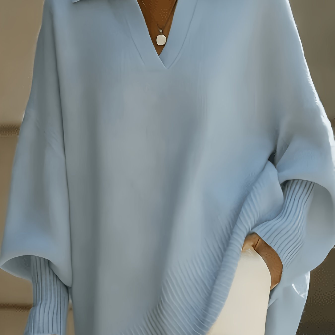 TEMU Plus Size - Western Autumn Winter Blue Lapel V-neck Loose All-match Light-colored Mid-length Cape Layering Whitening Temperament Elegant
