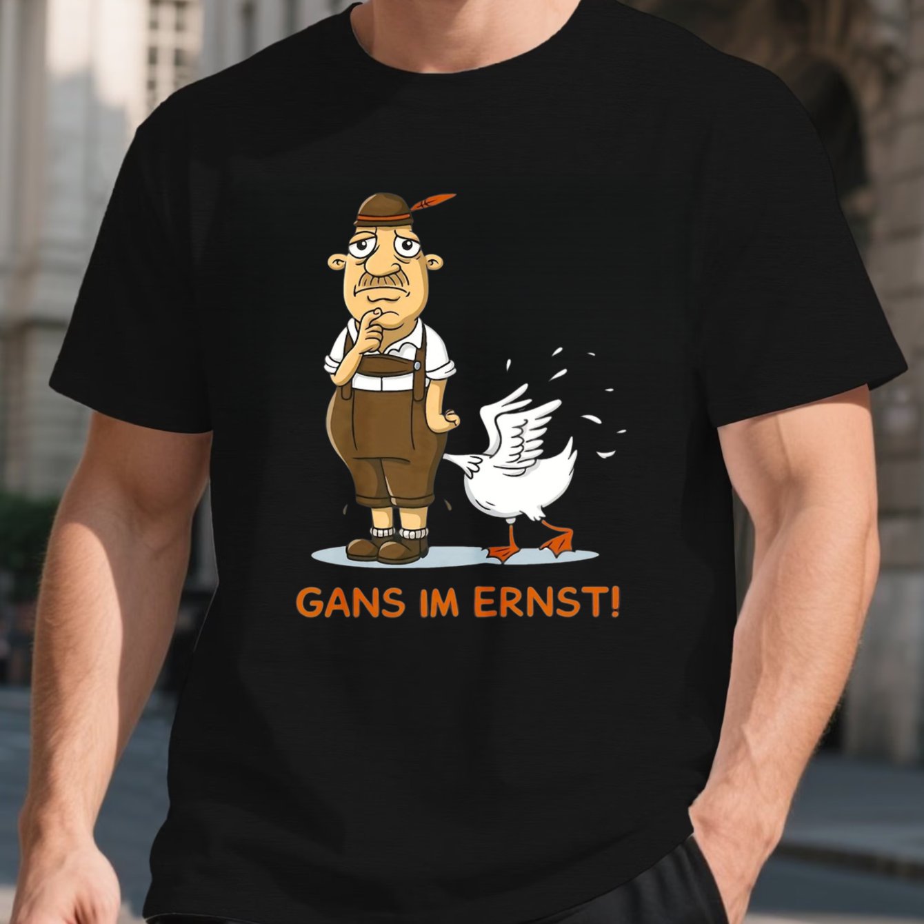 Cartoon Style Men's T-shirt German Farmer And Goose Gans Im Ernst Humor Design Casual Wear For Everyday Use Perfect Gift For Who Love Funny And Cultural Themes