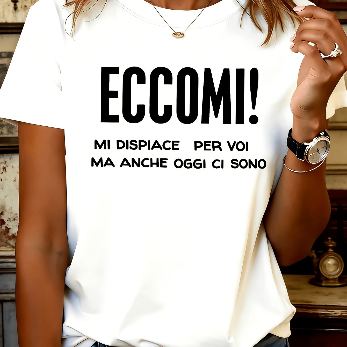 TEMU Women's Italian T-shirt "! Mi Per Voi" Short Sleeve Round Neck Casual Blouse Top - Italian Text Print Spring Summer Casual Attire Suitable For
