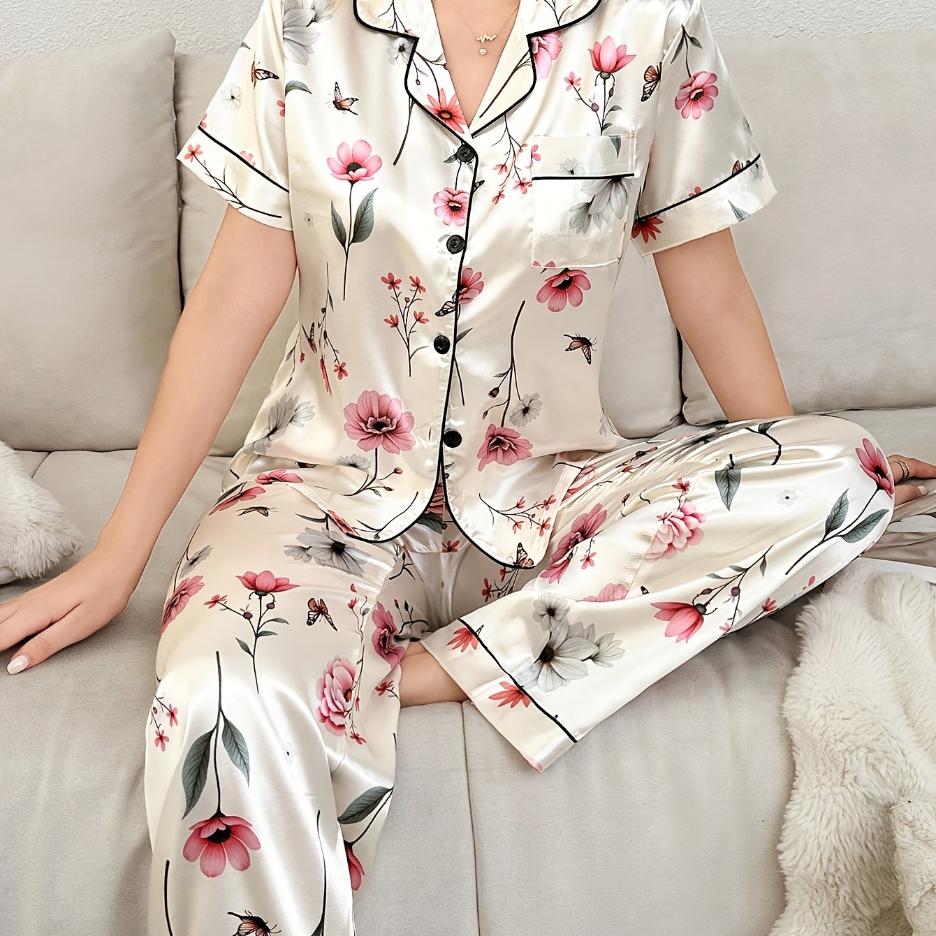 E-shop Damen-Pyjama-Set, Blumenmuster-Loungewear, Kurzarm-Cardigan Schlafhose, Homewear, Niedliche Pyjamas, Damen-Pyjamas in Übergröße, Damen-Pyjamas
