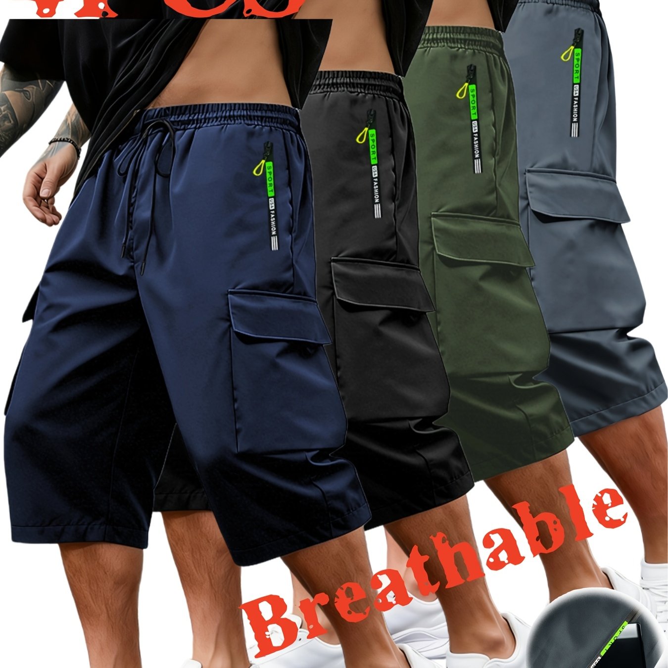 TEMU 4pcs Of Men's Summer New Thin 7- Pants, Featuring Drawstring Elastic Waist, Zippered Pockets, Large Patch Pockets, Sporty And Stylish,