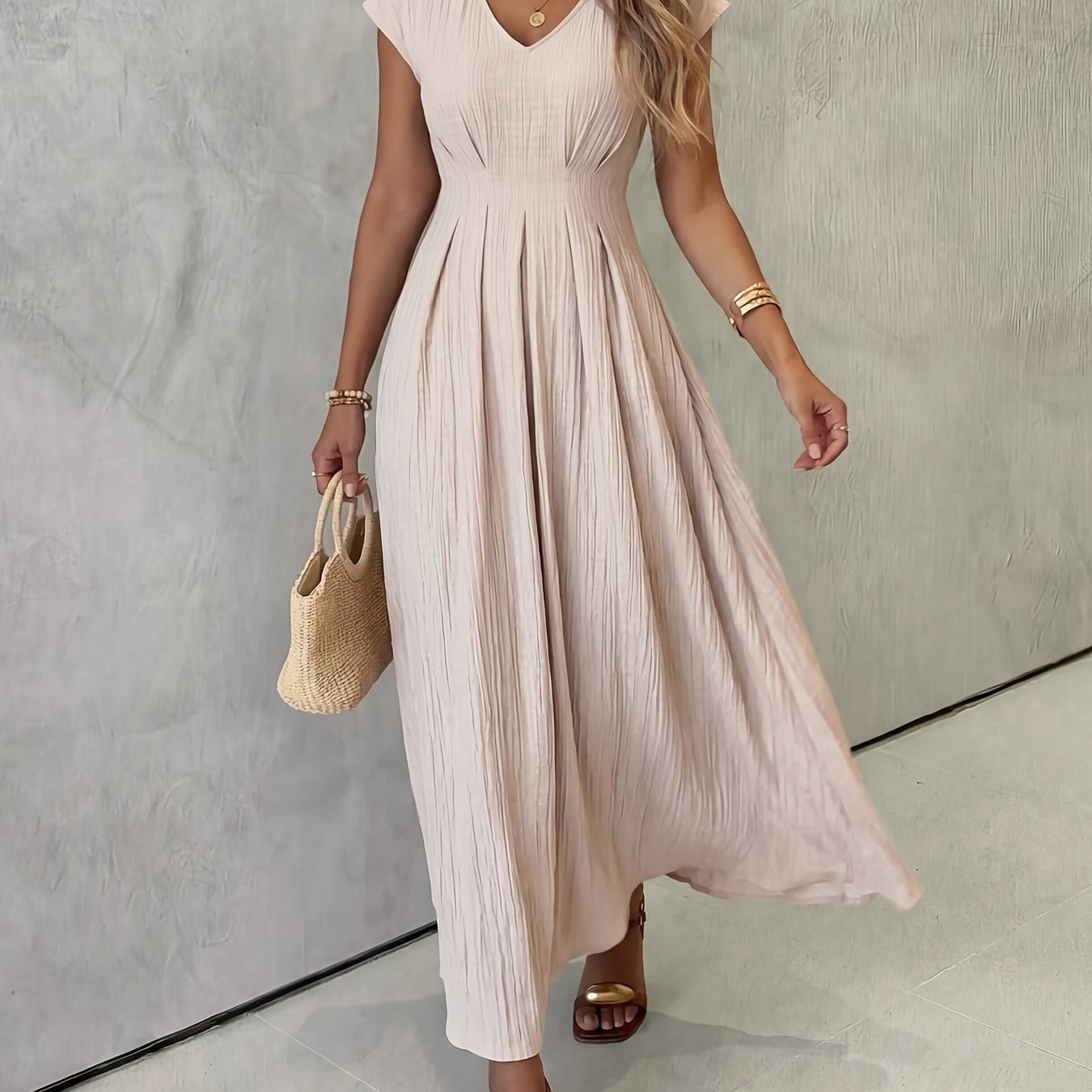 TEMU Women's French Minimalist V-neck Short Sleeve High-waist Pleated Cinched A-line Dress
