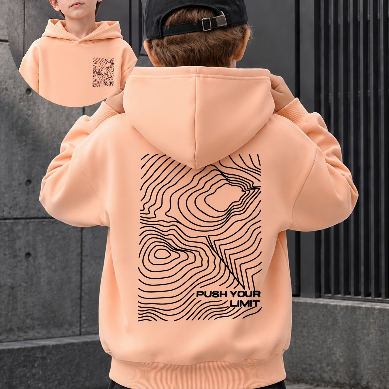 Image of Boys' Autumn And Winter Soft Terry Hooded Sweatshirt, Stylish Topographic Line Creative Double-sided Exquisite Print Versatile Top, Suitable For Boys' Running, Walking, And Outdoor Activities