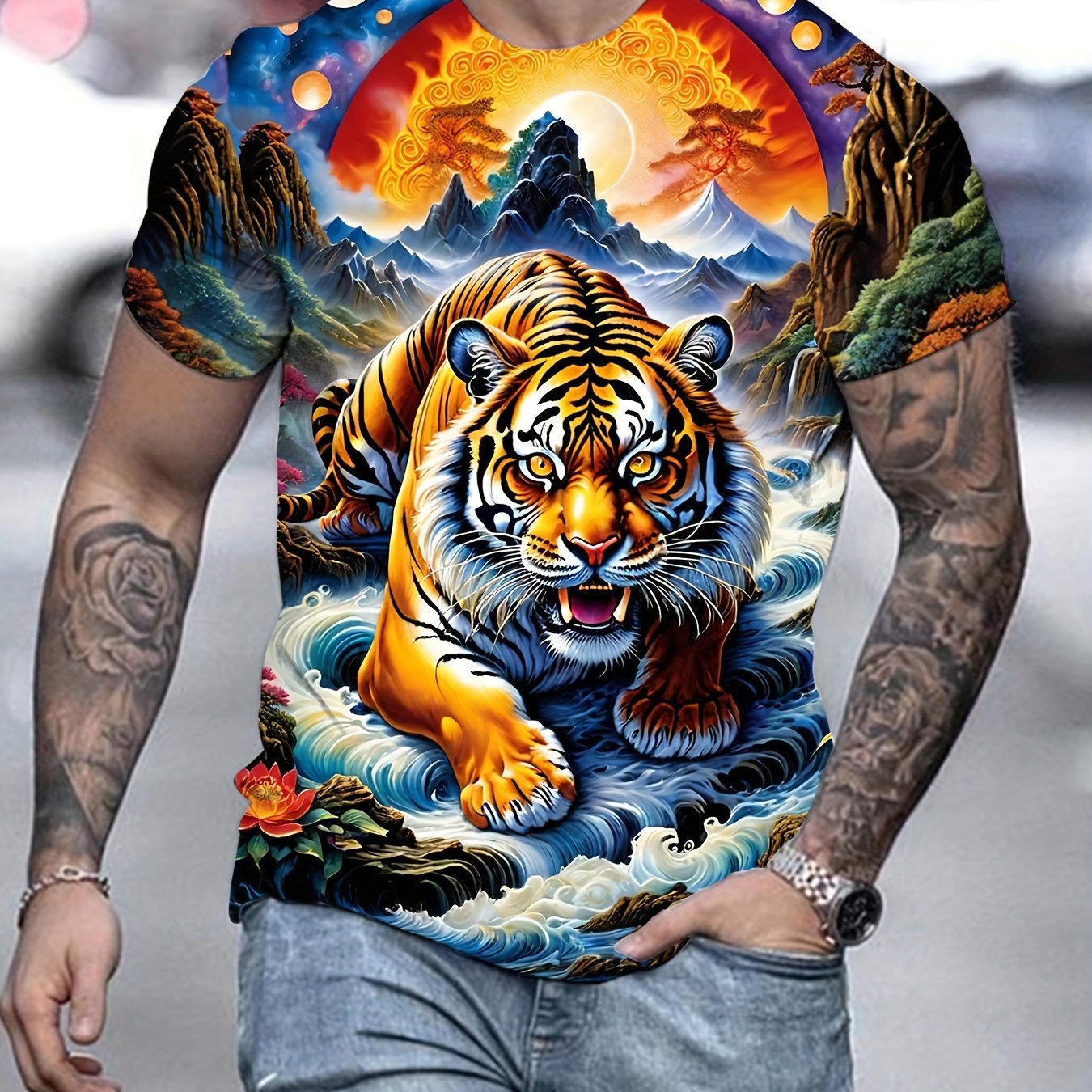 TEMU Tiger Pattern Men's Graphic T-shirt, Casual Comfortable T-shirt, Short Sleeve Crew Neck Pullover, Men's Spring Summer Regular Fit Outdoor Casual
