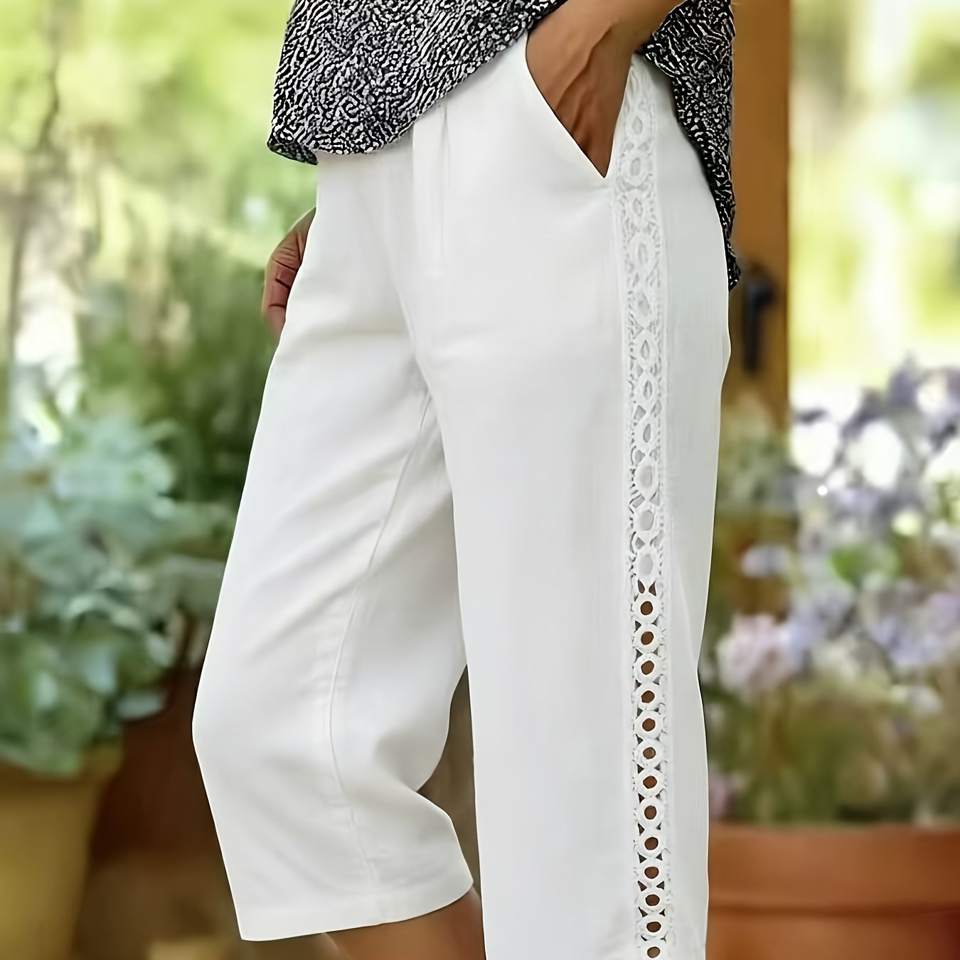 TEMU Elegant Women's Casual Pants With Side Lace And Diagonal Pockets