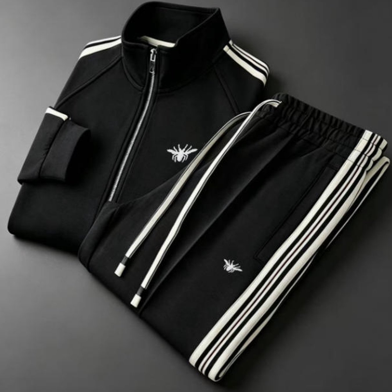 Men's Fashion Casual Style Sports Tracksuit With Bee Embroidery Stripe Detail Adult Men Sportswear Holiday Gift Casual Wear Plus Size Men Clothing, Plus Size