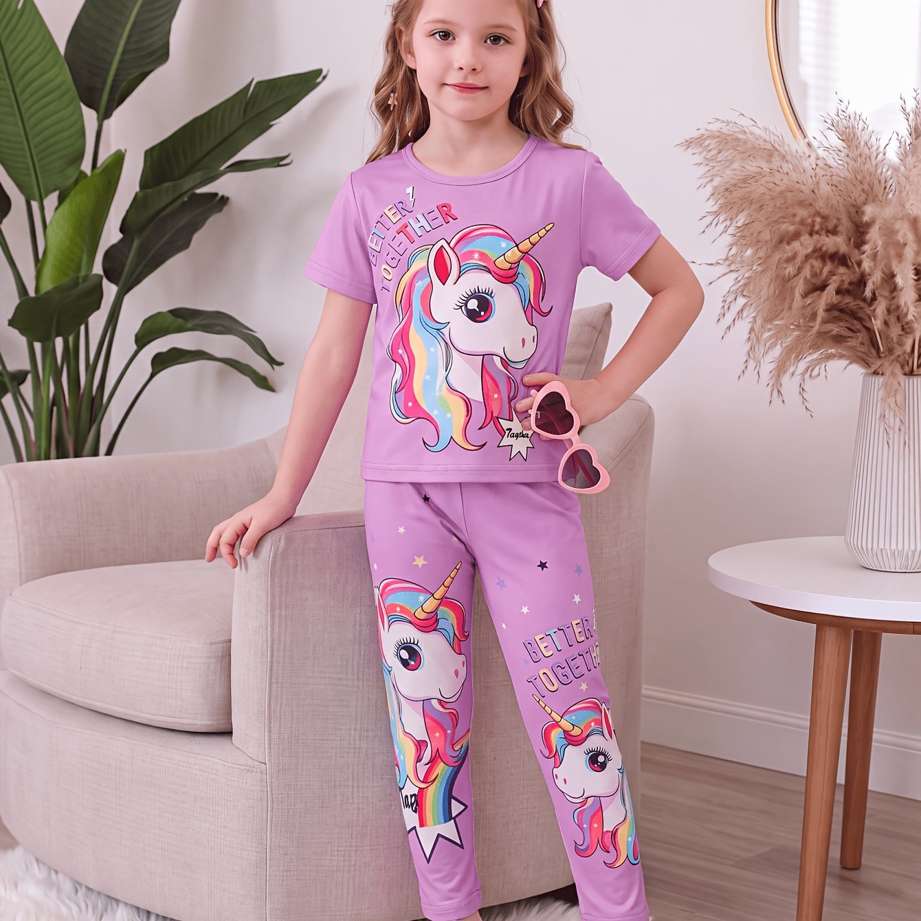 Girls' 2pcs Unicorn Letter Pattern T-shirt And Pants Set, For Outdoor