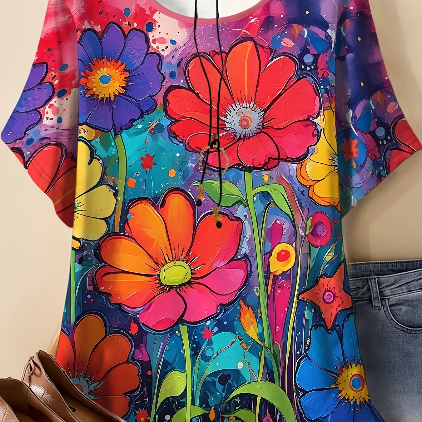 TEMU Women's Plus Size Round Neck Short Sleeve T-shirt With Contrast Color Large Floral Graffiti Art Print, Breathable And Comfortable, Versatile Top