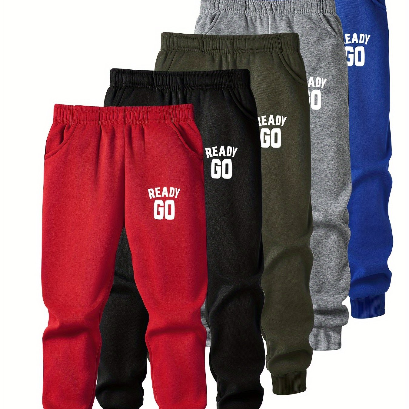 5pcs Boys' 'ready Go' Letter Joggers - Comfy Polyester, Machine Washable, & Vacation, Perfect For Outdoor